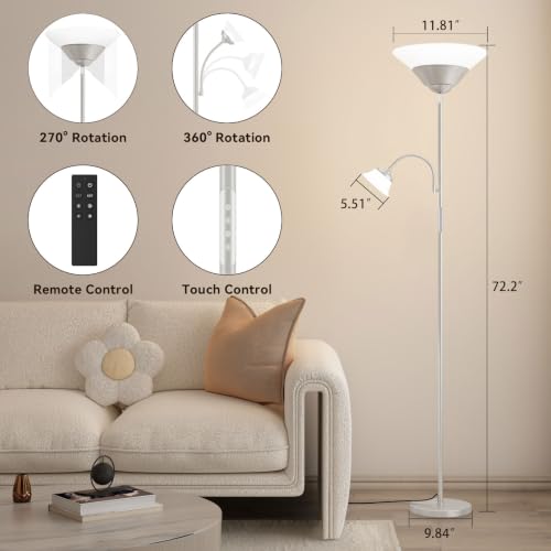 Image of SIBRILLE 2-in-1 Torchiere Floor Lamp, 34W Super Bright LED Standing Lamp with Remote & Touch Control, 72 inch Dimmable Adjustable Corner Reading Lamp for Living Room, Bedroom, Office, Silver