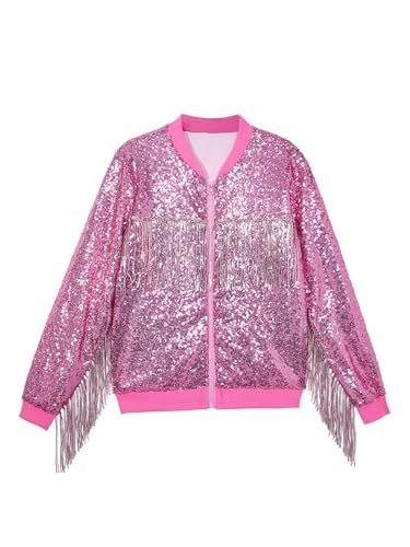 Kids Girls Sequin Fringe Jackets Long Sleeve Zip Up Tassel Coat Birthday Party Outerwear2