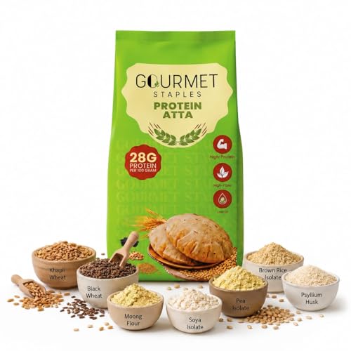 Image of Gourmet Staples Protein Atta (Pack of 1), 28g Protein Per 100g, 11g Protein Per Roti, Black Wheat, Pea Isolate, Soy Isolate & Brown Rice Isolate, High Fibre, Low GI, No Preservatives, Zero Additives, Soft & Fluffy Rotis, For Weight Management & Muscle Support