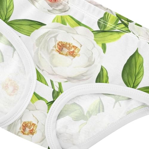 White Peony Flowers Green Leaves Girl Panties Cute Toddler Underwear Custom Cotton Pattern Briefs Undies Kids 2t4
