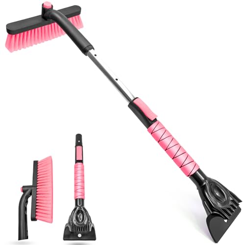 SEAAES Snow Brush and Ice Scraper Extendable Brush with Foam Grip for Truck SUV Vehicle Window - Pink