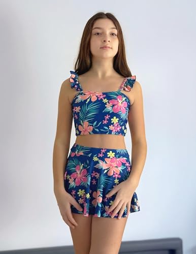 Image of Arshiner Girls Swimsuit 3 Piece Bathing Suits Cute Bikini Tankini Sets Teen Ruffle Swimwear with Cover Up Skirt