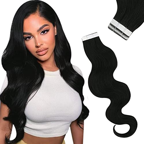 Sunny Tape in Hair Extensions Black Wavy #1B Natural Black Hair Tape in Extensions Real Human Hair Body Wave Tape in Hair Extensions Black Skin Weft Hair 16inch 20pcs 50g