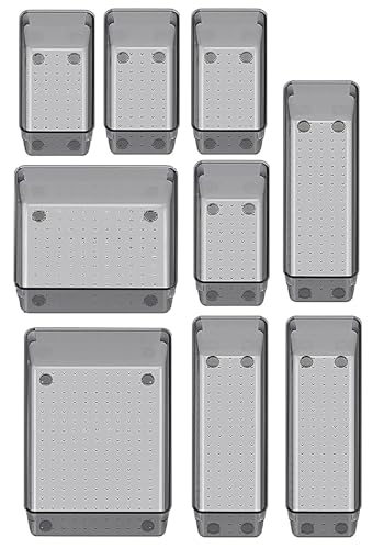 Image of Kienlix Desk Drawer Organizers Trays Set Clear Plastic Storage Bins Bathroom Drawer Tray Dividers Vanity Trays Organizer for Bedroom Dresser Makeup Kitchen Utensil Office (9pc Set (Black))
