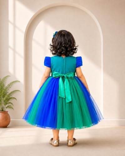 Image of Stanwells Kids Baby Girl Peacock Blue Net Frock Birthday Kids Dress for Girls Short Sleeve Flared Knee Length 6Months-8 Yeras