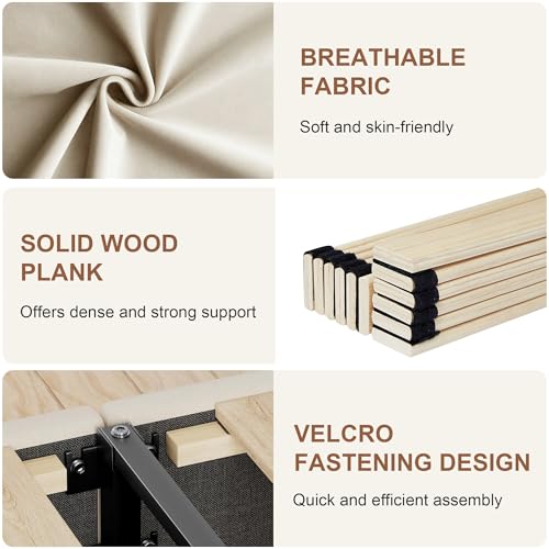 VECELO Polsterbett 140 x 200 cm, Doppelbett mit Höhenverstellbarem Kopfteil, Samtbezug und Stabiler Lattenrost, Geräuschfrei, Einfache Montage, für Schlafzimmer und Gästezimmer, Beige