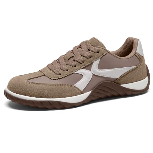 Women’s Retro Fashion Sneakers, Low Profile Lace-Up Casual Shoes with Suede Panels, Vintage T-Toe Sneakers for Everyday Streetwear Taupe Size 8