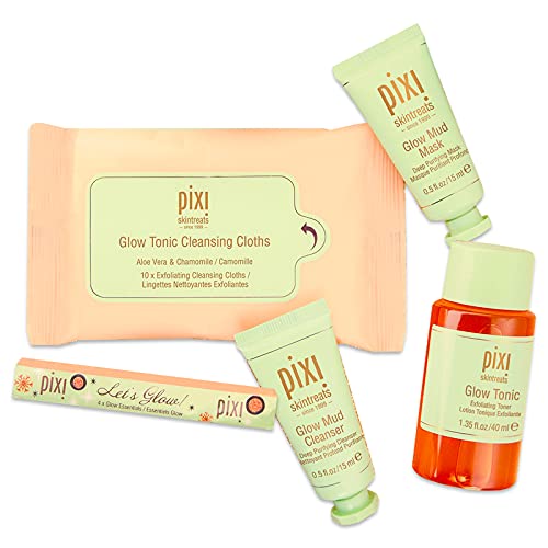 Pixi Beauty Glow Travel Size Gift Set Bundle ~ Pixi Glow Tonic, Glow Mud Mask, Glow Mud Cleanser, Glow Tonic Cleansing Cloths
