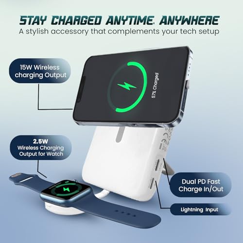 Image of MOOSH Magsafe Portable Charger Slim 10,000mAh, 3 in 1 Magnetic Battery Pack 15W Ultra-Fast MagSafe Compatible Portable Charger Ergonomic Design Flip iWatch Charger for iPhone16 /15 /14 /13 /12 Series