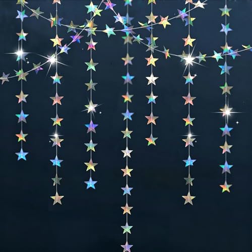 Iridescent Star Garland Party Decorations - 78 Feet Iridescent Silver Hanging Stars Decorations Star Streamers Banner Paper Garland for Birthday Wedding Classroom Christmas