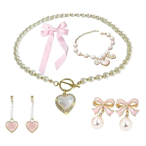 Pearl Coquette Jewelry Set - Bow Earrings, Pink Hair Bows, Choker Necklace - Trendy Accessories, Valentine's Gift for Women