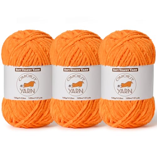 Image of 3 Pack Orange Fluffy Velvet Yarn for Crocheting, Chunky Chenille Baby Blanket Yarn for Crocheting, Soft Fuzzy Puzzle Yarns for Knitting, (100g /3.53oz Each) Bulky Thick Amigurumi Crochet Yarns