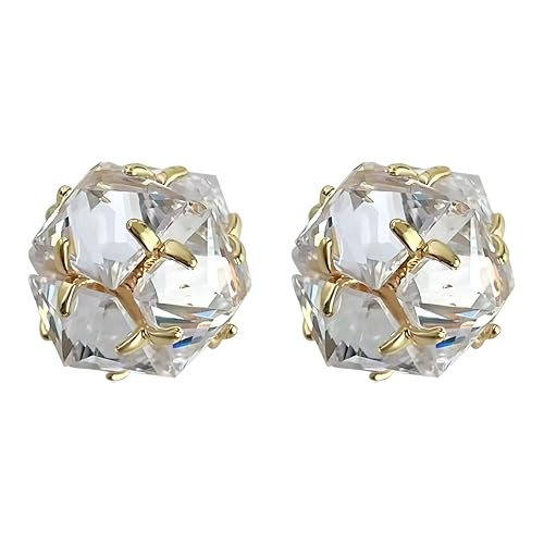 14K Gold Plated Cubic Zirconia Stud Earrings for Women, 0.4 in (10 mm) Geometric 3D-Faceted CZ, 925 Sterling Silver Posts