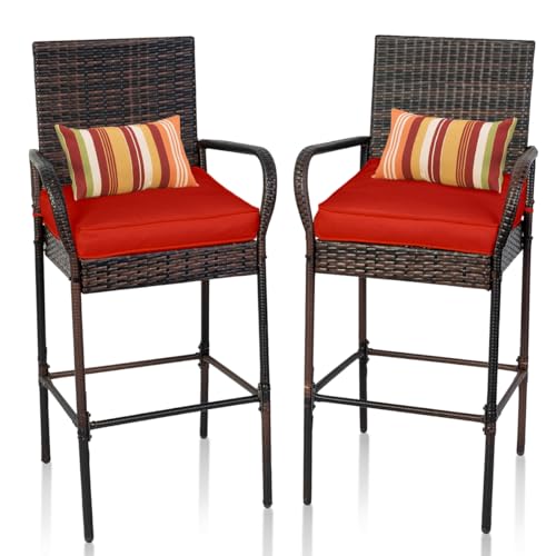 Image of Sundale Outdoor Wicker Bar Stool Set of 2, Patio Counter Height Pub Chair with Arms, High Top Rattan Barstool, Cushion Beige, All-Weather Outdoor Rattan Furniture (Brown&Red, Small Seat - 2 Stools)