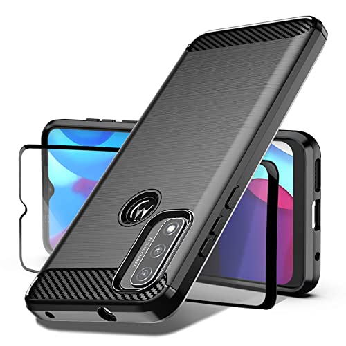 Dretal Motorola Moto G Pure Case, Moto G Pure Case with Tempered Glass Screen Protector, Shock-Absorption Brushed Flexible Soft Carbon Fiber Protective Cover for Motorola G Pure (LS-Black)