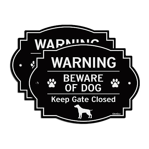 GicnKeuz Funny Beware of Dog Signs for Fence,9.5x6.7 Inches Keep Gate Closed Sign, Reflective Aluminum, Fade Resistant,Indoor or Outdoor Use (2-Pack)