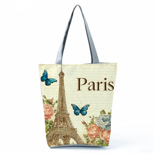 Bolso tote con estampado de la Torre Eiffel, rosas y mariposas, con cierre de cremallera, para uso diario, estilo romántico parisino, bolso de hombro para mujer, ideal como regalo de cumpleaños o festividad