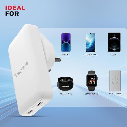Image of Honeywell Zest Ultra-Thin GaN 45W Dual Type-C PD 3.0 Wall Charger with PPS Support, Ultra-Fast Charging, Compatible with iPhone, iPad Pro, Pixel, Galaxy, OnePlus, Tablets & Smartwatches | PPS Support, Ultra-Fast Charging, Compatible with iPhone, iPad Pro, Pixel, Galaxy, OnePlus, Tablets & Smartwatches