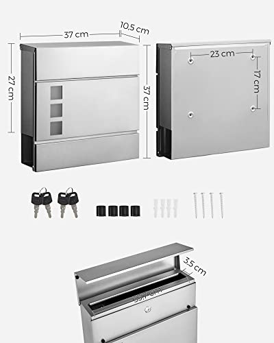 SONGMICS Brievenbus roestvrij staal, brievenbus, wandbrievenbus, modern, afsluitbaar, met krantenvak, eenvoudige montage… - Afbeelding 4