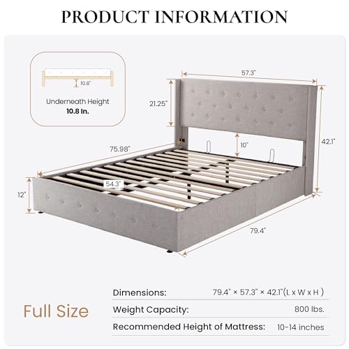 SHA CERLIN Full Size Lift Up Storage Bed Frame,Button Tufted Wingback Headboard,Upholstered Platform,Hydraulic Storage,Wooden Slat Support,No Box Spring,Light Beige