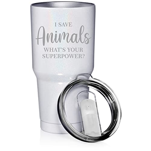 30 Oz Tumbler Stainless Steel Vacuum Insulated Travel Mug Cup I Save Animals Superpower Funny Vet Tech Veterinarian (White Glitter) #TOP25