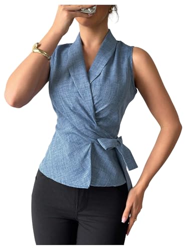 GORGLITTER Women's Denim Bow Wrap Blazer Suit Vest Jeans Collared Shirt Sleeveless Blouses