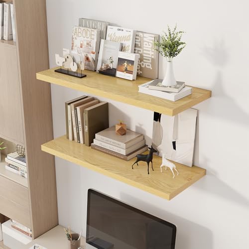 Image of Dreamland 36 inch Floating Shelves for Wall, 12 inch Deep Slim Oak Floating Shelves, Wall-Mounted Shelves for Bedroom, Living Room, Kitchen, Bathroom - Set of 2
