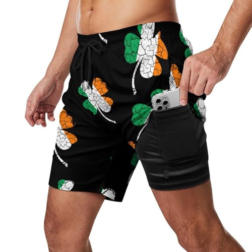 Ireland Flag Clovers St Patricks Day Beach Shorts for Men Swim Trunks Quick Dry Swim Shorts with Compression Liner Pocket2