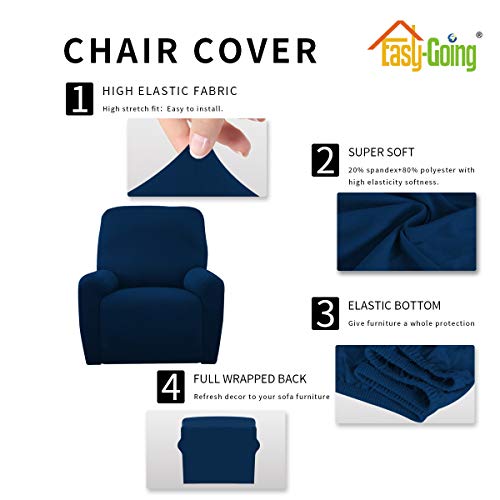 Image of Easy-Going 4 Pieces Microfiber Stretch Recliner Slipcover - Spandex Soft Fitted Sofa Couch Cover, Washable Furniture Protector with Elastic Bottom for Kids, Pet(Recliner, Navy)