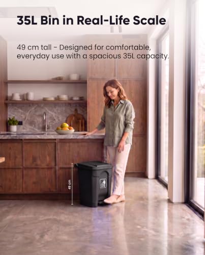 Image of pedal dustbin with lid, heavy duty plastic garbage bin, hands-free step-on waste bin for kitchen, office, home, hotel, bathroom & outdoor use (Jet Black, 35 Liters)