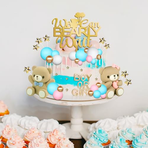 33 Pieces Gender Reveal Cake Toppers, Bear Cake Decorations Includes We Can Bearly Wait Cake Topper, Stars, Pearl Balls, Pink and Blue Bear for Baby Shower He or She Gender Reveal Party Supplies - image 4