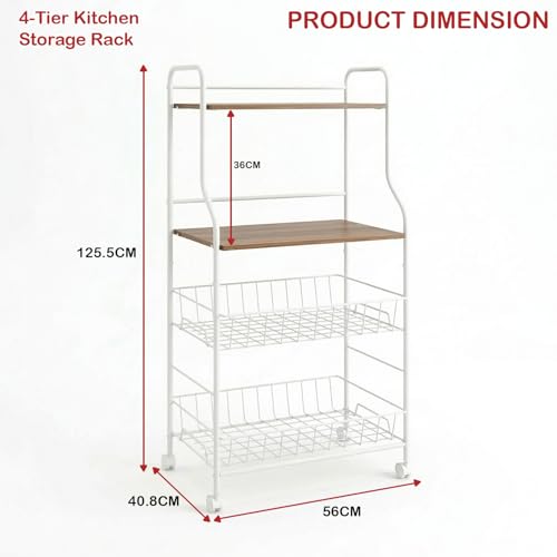 Image of Lukzer 4-Tier Kitchen Storage Rack & Microwave Oven Stand with Wheels Engineered Wood Shelf & Metal Wire Basket Rolling Cart for Kitchen Pantry & Home Organizer (White & Oak Brown /41x56x126cm) CH-092