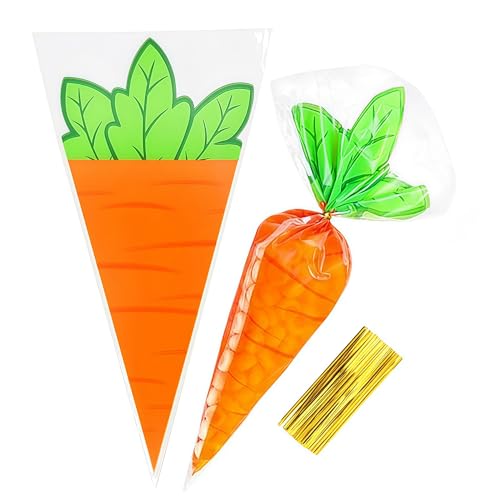 FERENLI 100 Pcs 7.87x13 inch Cute Carrot Cellophane Treat Bags with Gold Twist Ties Easter Cone Shaped Goodie Bags for Candy Popcorn Snack Birthday Easter Party Favors Supplies