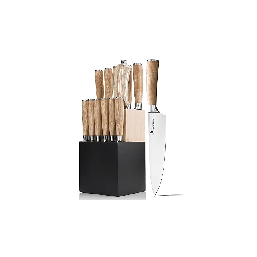 Kangdelun Natura Series 14 PCS Knife Block Set, Ultra Sharp High Carbon Stainless Steel with Wooden Handle