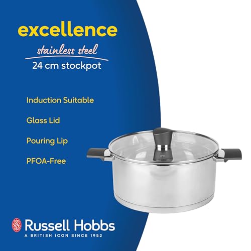 Russell Hobbs RH01168EU7 Excellence 24 cm Stockpot – Stainless Steel Cooking Pot, Glass Lid, Induction Suitable, Pouring Lip, Mirror Polished, PFOA-Free, 4.8L Capacity, Ideal for Soups and Stews - Image 3