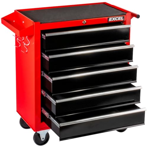 Excel Steel 5-Drawer Tool Storage Cabinet Lockable with Wheels Handle Garage Equipment Trolley Home Work DIY Workshop Chest Black and Red- Roller Cabinet, Tool Chest