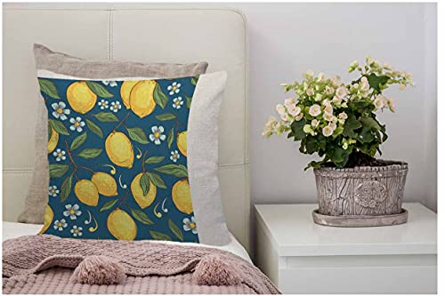 Wozukia Yellow Lemons Throw Pillow Cover Tropical Fruit White Floral Green Leaves Decor Fashion Dark Blue Cotton Linen Outdoor Pillow Cases Square Cushion Covers For Sofa Couch Bed Car 18X18 Inch #TOP3