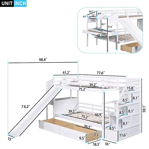Ayvbir Twin Over Twin Bunk Bed With Storage Staircase And Slide, Wooden Bunk Bed Frame With Desk And 4 Drawers, Modern Multifunctional Bunk Bed For Kids Teens Bedroom-Grey #TOP1