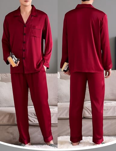 Mens Silk Pajamas Set,Two-Piece Satin Long Sleeve Pajamas Sleepwear with Buttons4