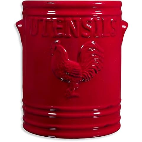 MosJos Kitchen Utensil Holder for Countertop - Large 7” Rustic Ceramic Utensil Crock - Dishwasher-Friendly Rooster Cooking Utensil Organizer Caddy for Farmhouse Kitchen Decor .red Cover