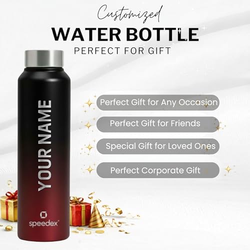 Image of Speedex Customised Engraved Name Stainless Steel Water Bottle 1 Ltr - Personalised Screw Cap Bottle for Kids, Men & Women, School, Office, Gym, Black Wine, Set of 1