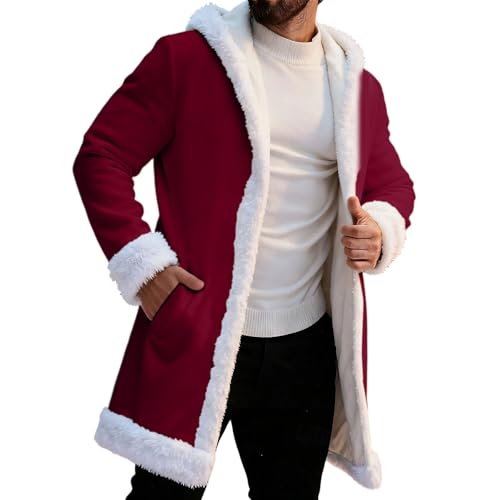 BJUTIR MenS Clausplay Santa Jackets With White Faux Fur Fleece Clau Xmas Cosplay Costume Coats Warm Trench Overcoat Vacation Wine XXXXL