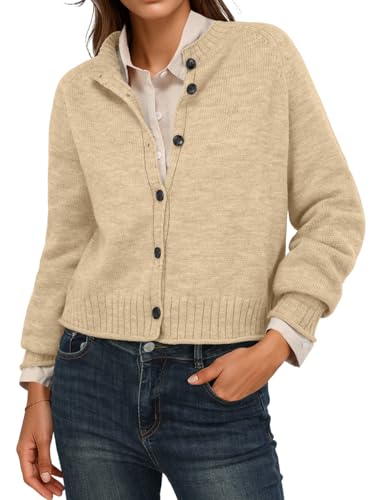 GRECERELLE Womens Cardigan Sweater Open Front Long Sleeve Crew Neck Button Down Knit Casual Jacket, Apricot, S