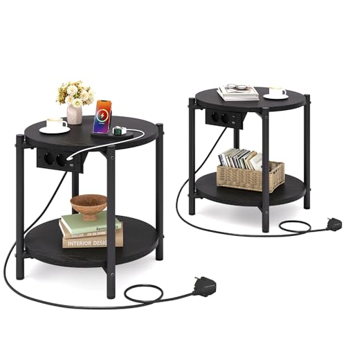IRONCK Rund Nachttisch 2er Set, Beistelltisch mit Steckdose, USB-C-Anschluss, Kleiner Tisch Holz & Metall, Sofatisch Wohnzimmertisch Couchtisch 2...