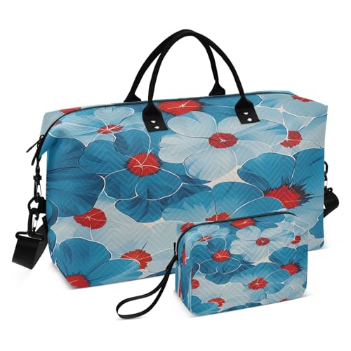 Weekender Bags Travel Duffel Gym Bag Blue and Red Floral Pattern Carry on Overnight Tote Bag with Toiletry Bag for Airplane Travel Trip Gym Yoga