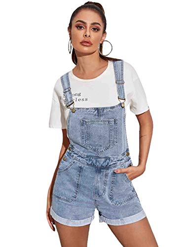 SweatyRocks Women's Adjustable Straps Cuffed Hem Denim Bib Overalls Shorts Romper Blue L