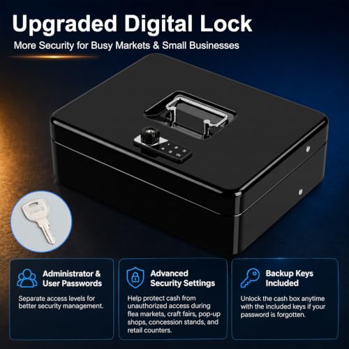 Image of KYODOLED Cash Box with Money Tray and Electronic Lock, 11.8 Inch, Black