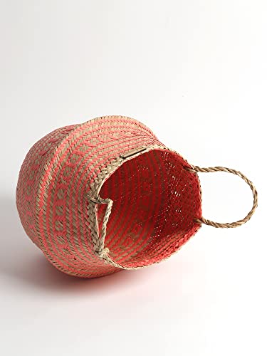 Image of Habere India-All the Cultures Fabricating India Wicker Basket For Plants | Storage Basket for Home Decor | Bamboo Baskets For Toy Storage | Belly Planter Baskets (Medium, Pink - Dia30 x H30 cm)