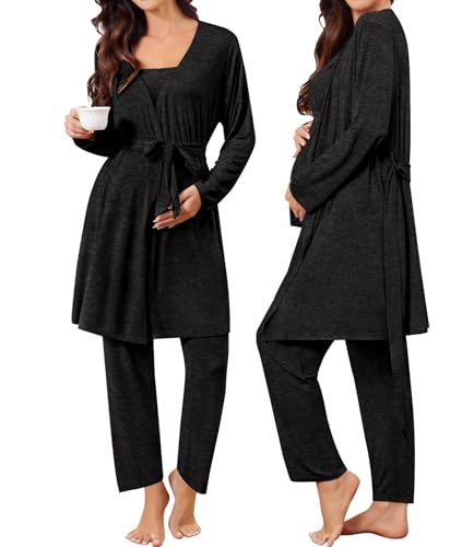 Image of SWOMOG Maternity Nursing Robe Set 3 Piece Breastfeeding Pajamas 3 in 1 Labor Delivery Sleevless Tops&Long Pants Pregnancy Pjs