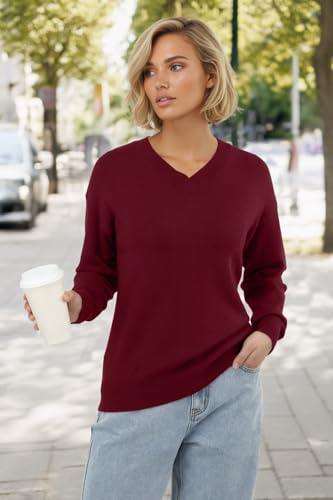 PrinStory Damen Pullover V-Ausschnitt Strickpullover Langen Ärmeln Sweatshirts Lässige Sweater Strickwaren (Weinrot, L)